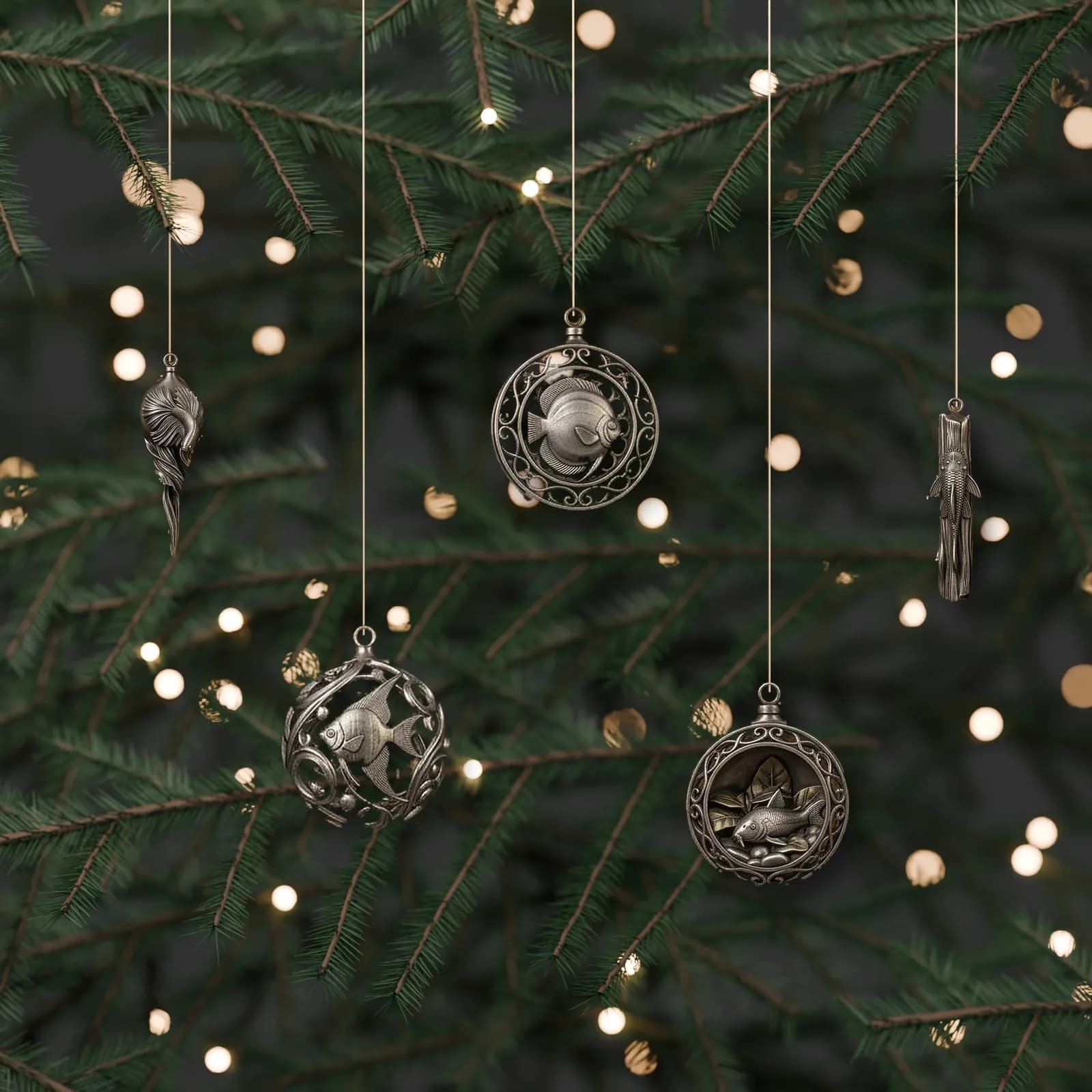 Five silver fish Christmas ornaments, a betta, an angelfish, a discus, a koi and a pleco, hanging on gold cords from a fir tree with warm fairy lights