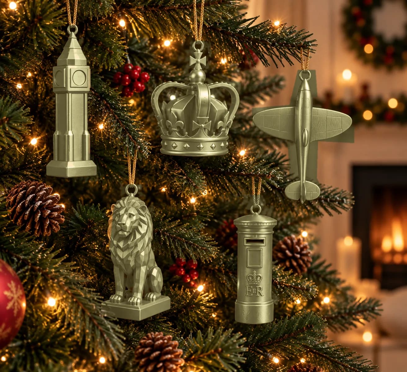 Five gold Christmas ornaments — Big Ben, a crown, a Spitfire, a seated lion and a pillar box — hanging from a lit Christmas tree