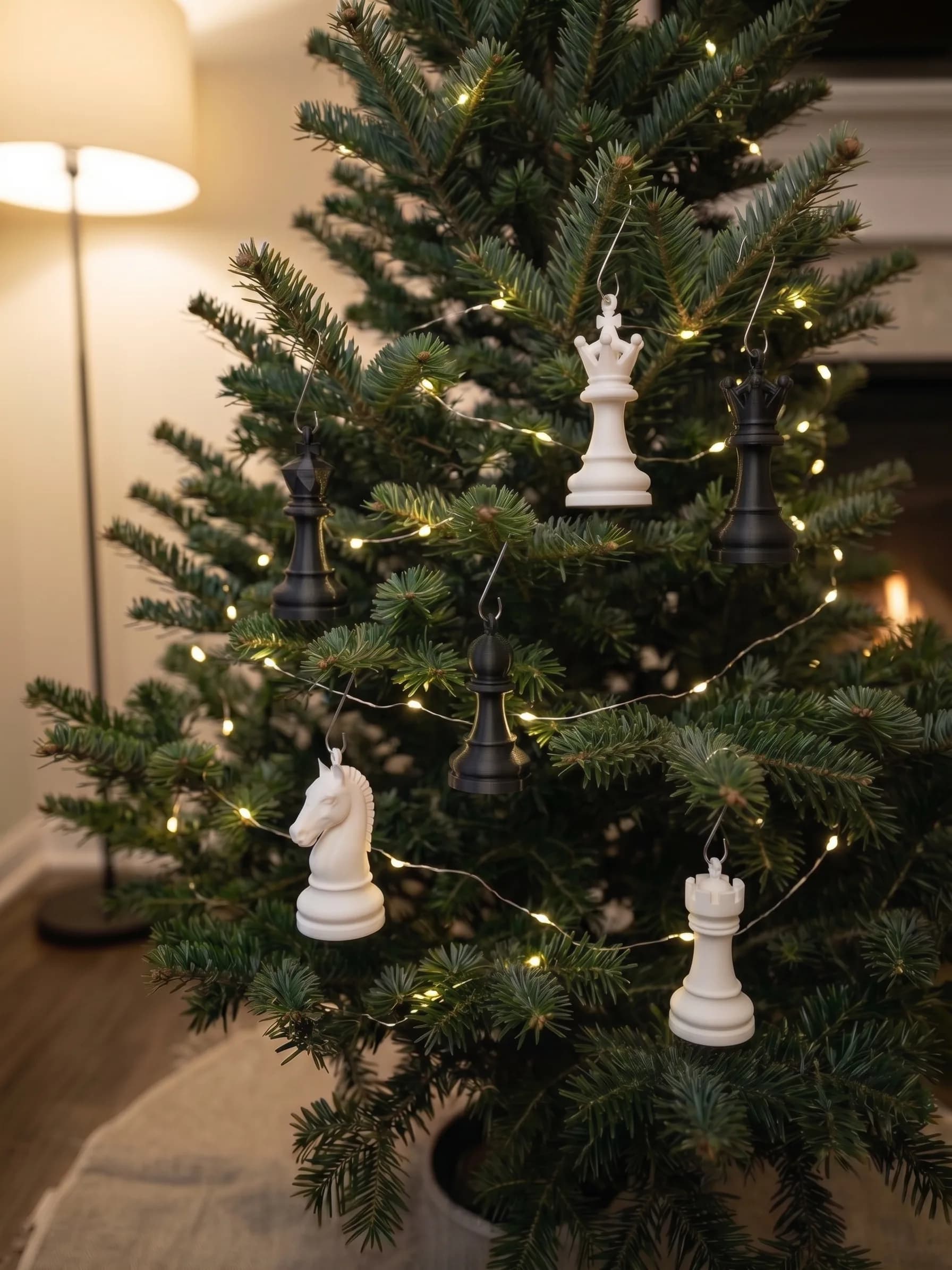 Six chess piece ornaments — king, queen, bishop, knight, rook and pawn, in black and white — hanging from the branches of a lit Christmas tree
