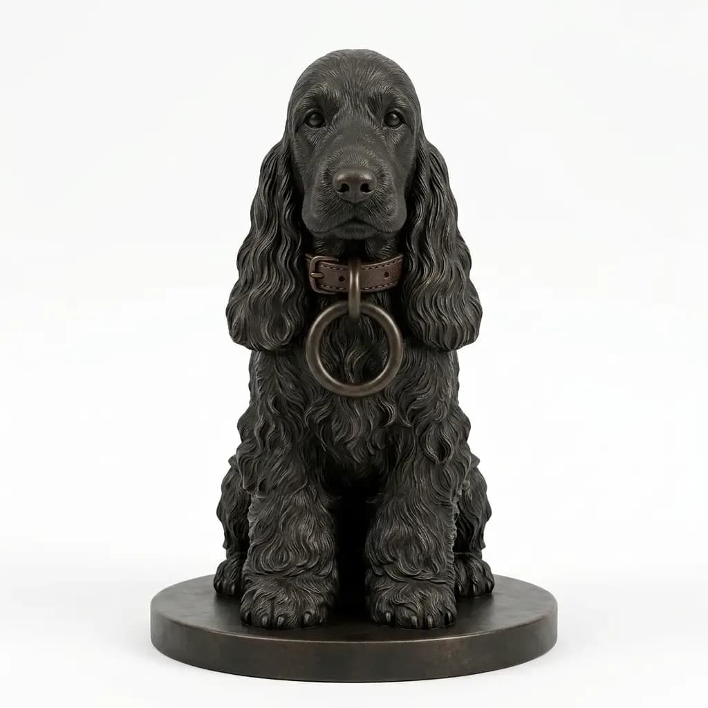 A bronze-finish sculpture of a sitting cocker spaniel on an oval plinth, wearing a leather collar with a heavy ring hanging from it